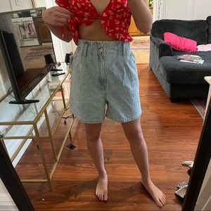 Juny High Waisted Paper Bag Light Wash Denim Shorts